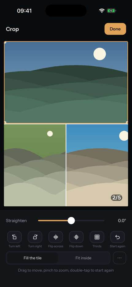Cropping one photo inside its tile, with straighten, turn and flip controls.